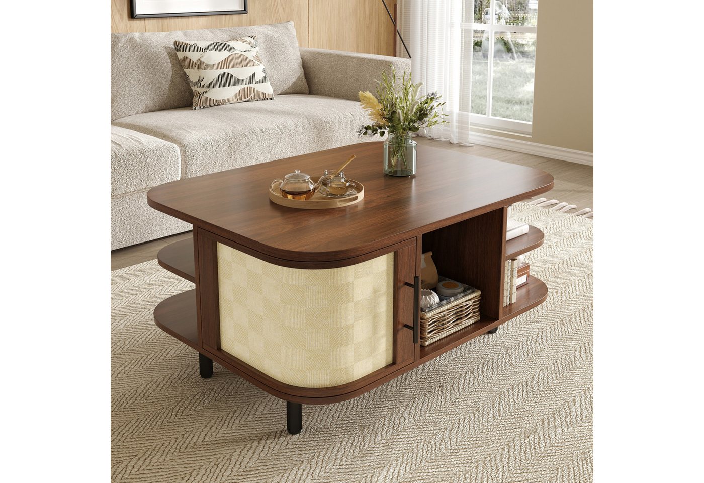 Merax Couchtisch in Walnussoptik, Beistelltisch geschwungene Form (1-St., 80 x 60 x 47 cm), Wohnzimmertisch mit Stauraum, Metallbeinen & geflochtener Oberfläche – Bild 5 von 5