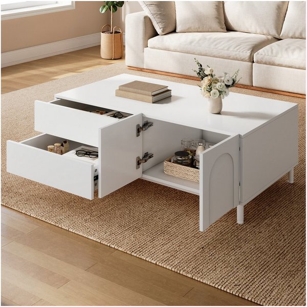 Merax Couchtisch mit 2 Schubladen, 2 Türen & Stahlrohr-Füßen (Beistelltisch Aufbewahrungstisch, 1-St., 100 L x 50 B x 39,5 H cm), Wohnzimmertisch mit Bogen-Desi