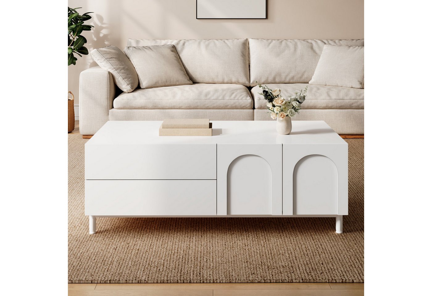 Merax Couchtisch mit 2 Schubladen, 2 Türen & Stahlrohr-Füßen (Beistelltisch Aufbewahrungstisch, 1-St., 100 L x 50 B x 39,5 H cm), Wohnzimmertisch mit Bogen-Desi – Bild 2 von 5