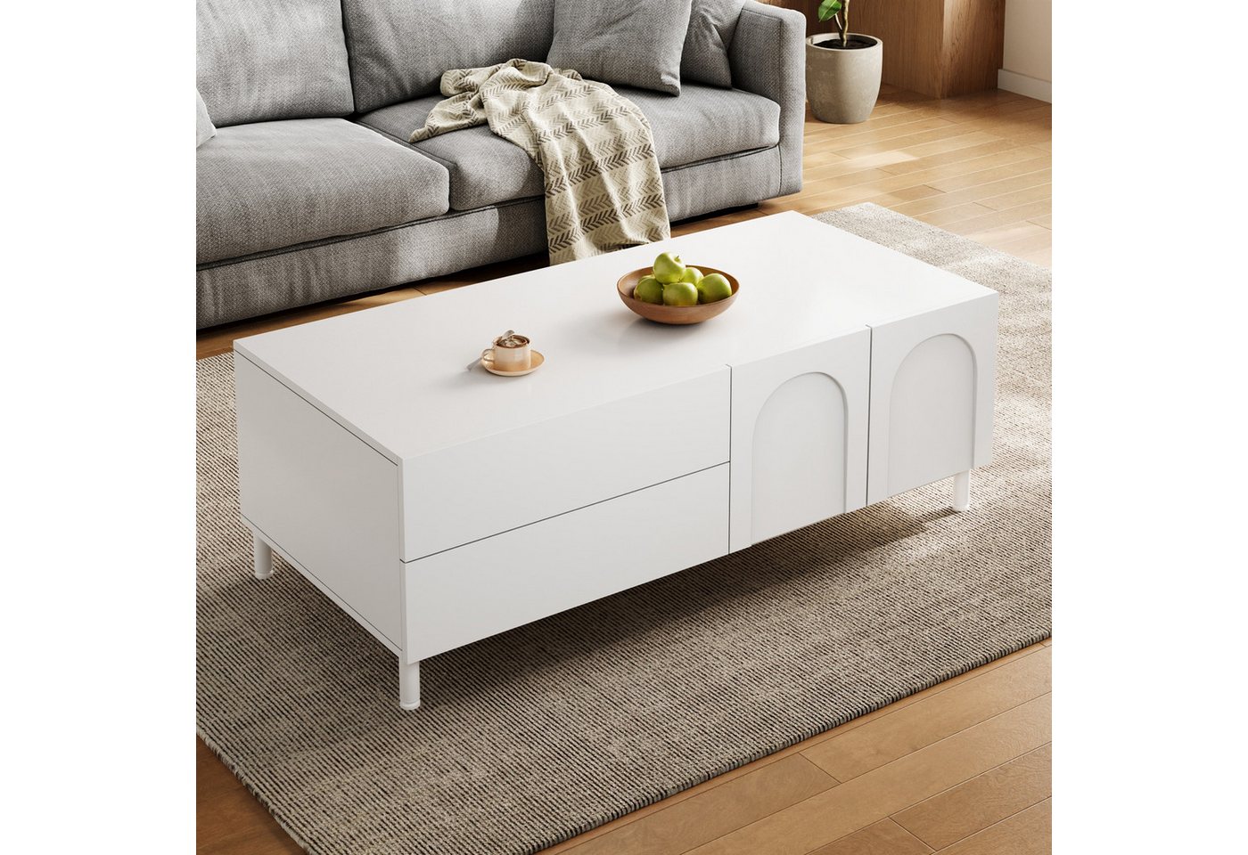 Merax Couchtisch mit 2 Schubladen, 2 Türen & Stahlrohr-Füßen (Beistelltisch Aufbewahrungstisch, 1-St., 100 L x 50 B x 39,5 H cm), Wohnzimmertisch mit Bogen-Desi – Bild 3 von 5