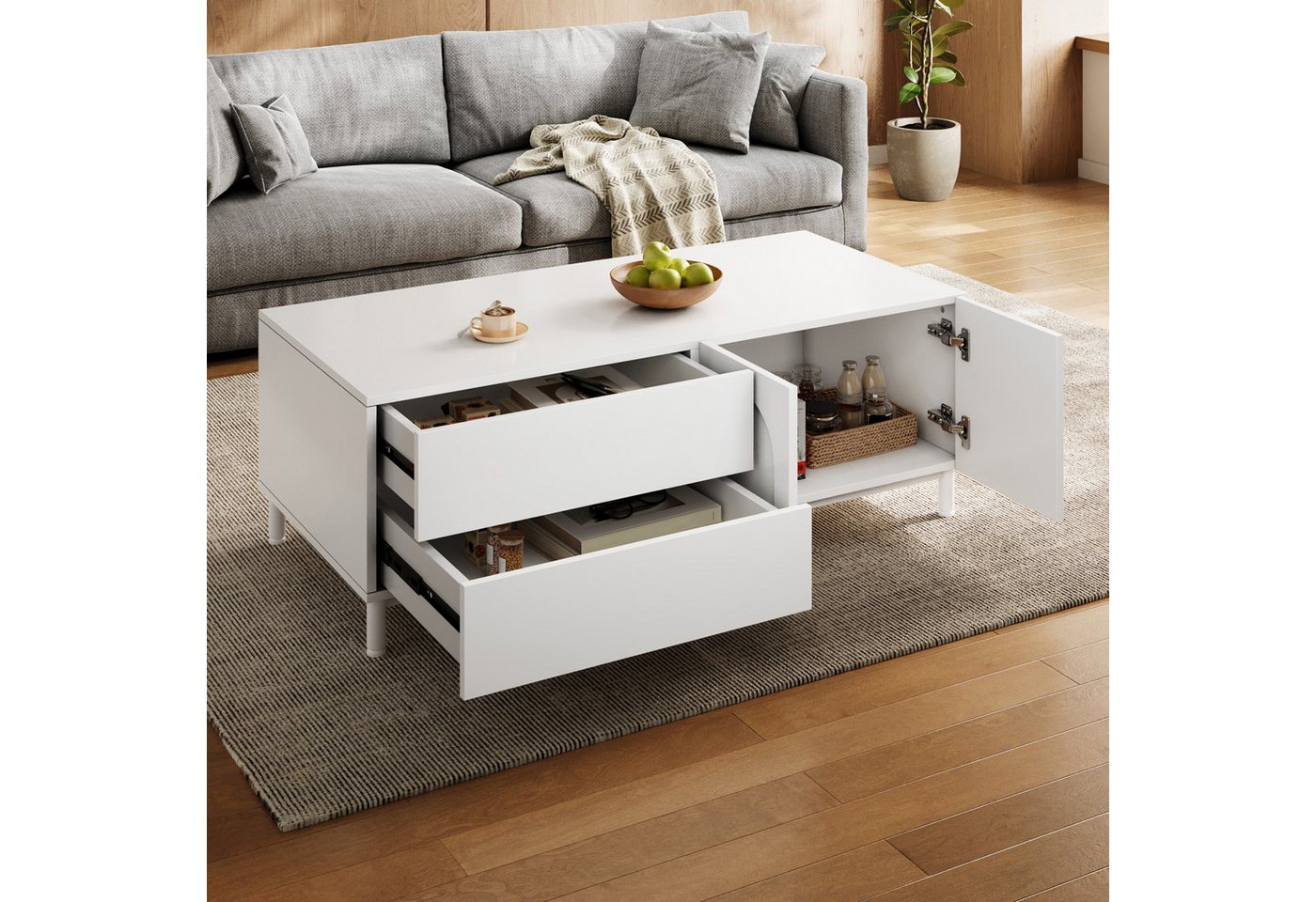 Merax Couchtisch mit 2 Schubladen, 2 Türen & Stahlrohr-Füßen (Beistelltisch Aufbewahrungstisch, 1-St., 100 L x 50 B x 39,5 H cm), Wohnzimmertisch mit Bogen-Desi – Bild 4 von 5