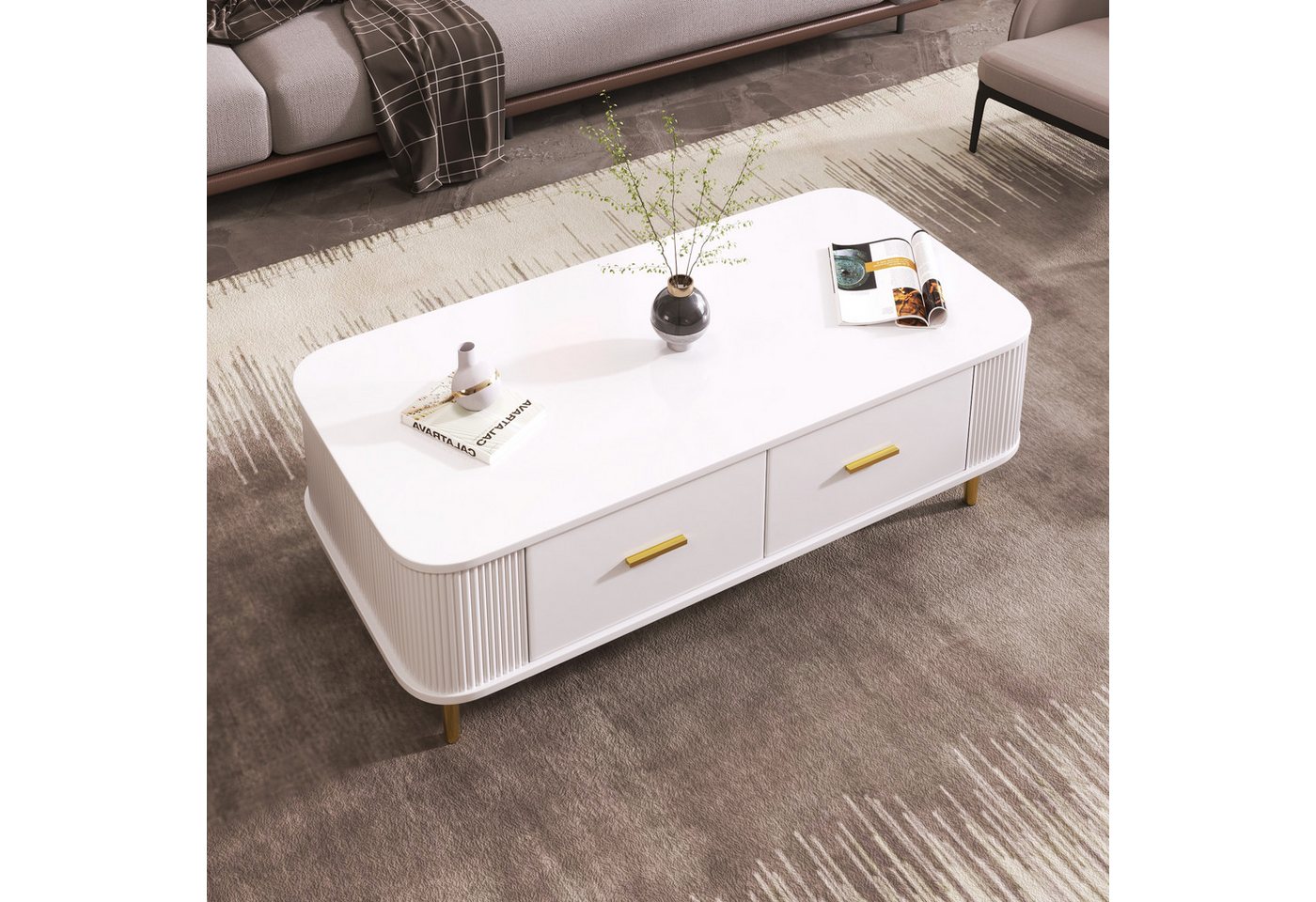 Merax Couchtisch mit 4 Schubladen (105*51*38cm), Wohnzimmertisch Beistelltisch, gewellten Seiten und goldenen Griffen – Bild 2 von 5