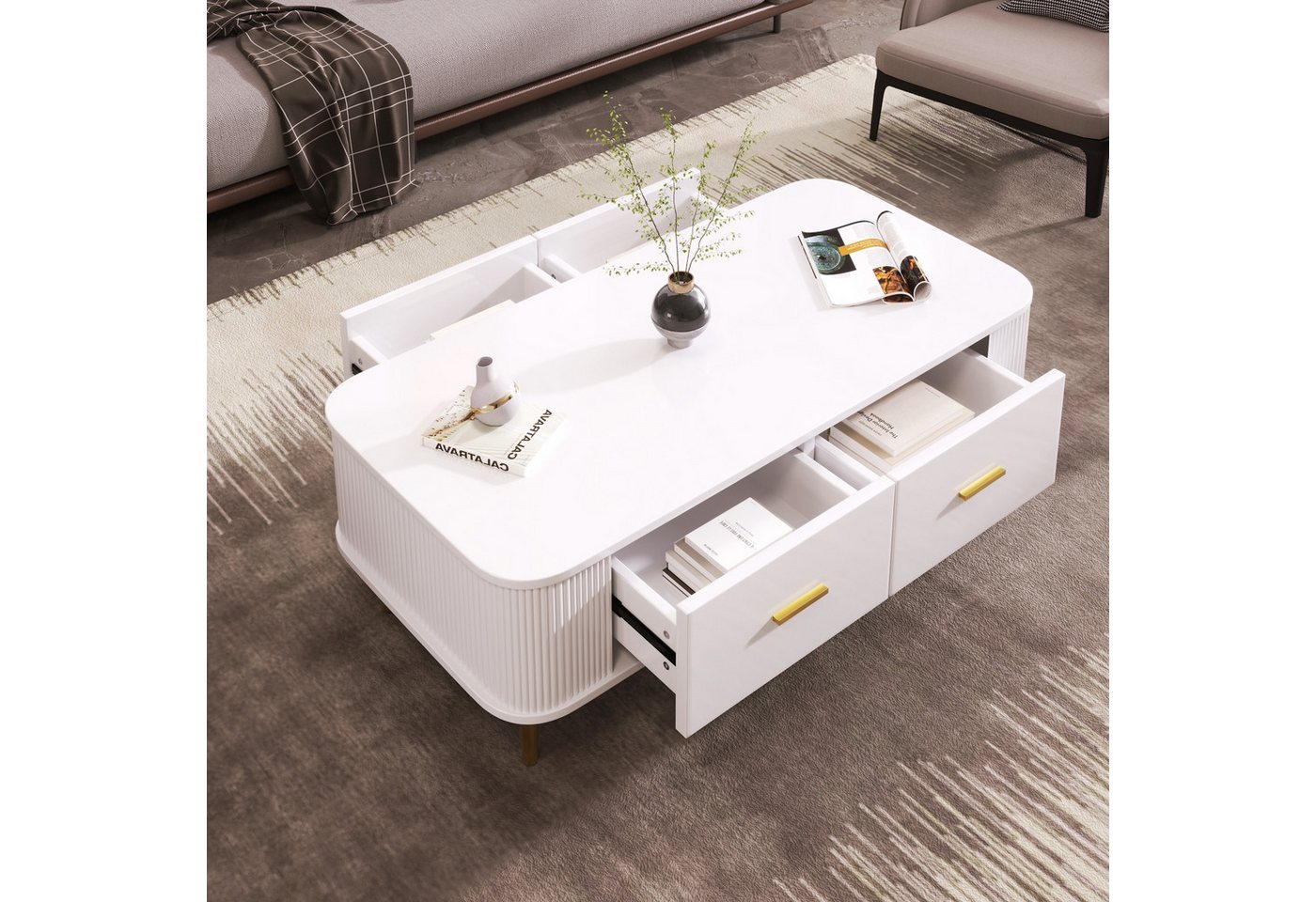 Merax Couchtisch mit 4 Schubladen (105*51*38cm), Wohnzimmertisch Beistelltisch, gewellten Seiten und goldenen Griffen – Bild 3 von 5