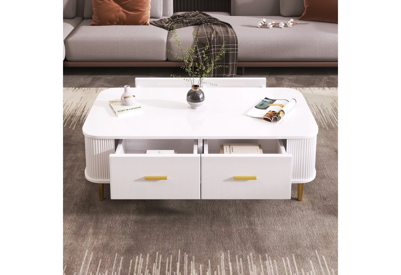 Merax Couchtisch mit 4 Schubladen (105*51*38cm), Wohnzimmertisch Beistelltisch, gewellten Seiten und goldenen Griffen – Bild 4 von 5