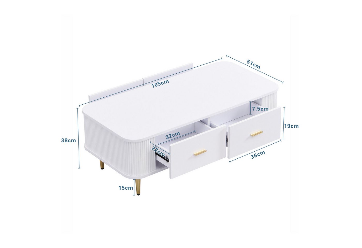 Merax Couchtisch mit 4 Schubladen (105*51*38cm), Wohnzimmertisch Beistelltisch, gewellten Seiten und goldenen Griffen – Bild 5 von 5
