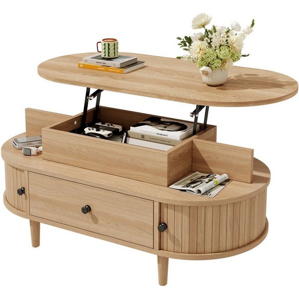 Merax Couchtisch mit hydraulischer Hubplatte, Oval Wohnzimmertisch im Holzoptik (105 L x 50 B x 60,5 H cm, 1-St., Beistelltisch), Sofatisch mit Stauraum, 2 offe