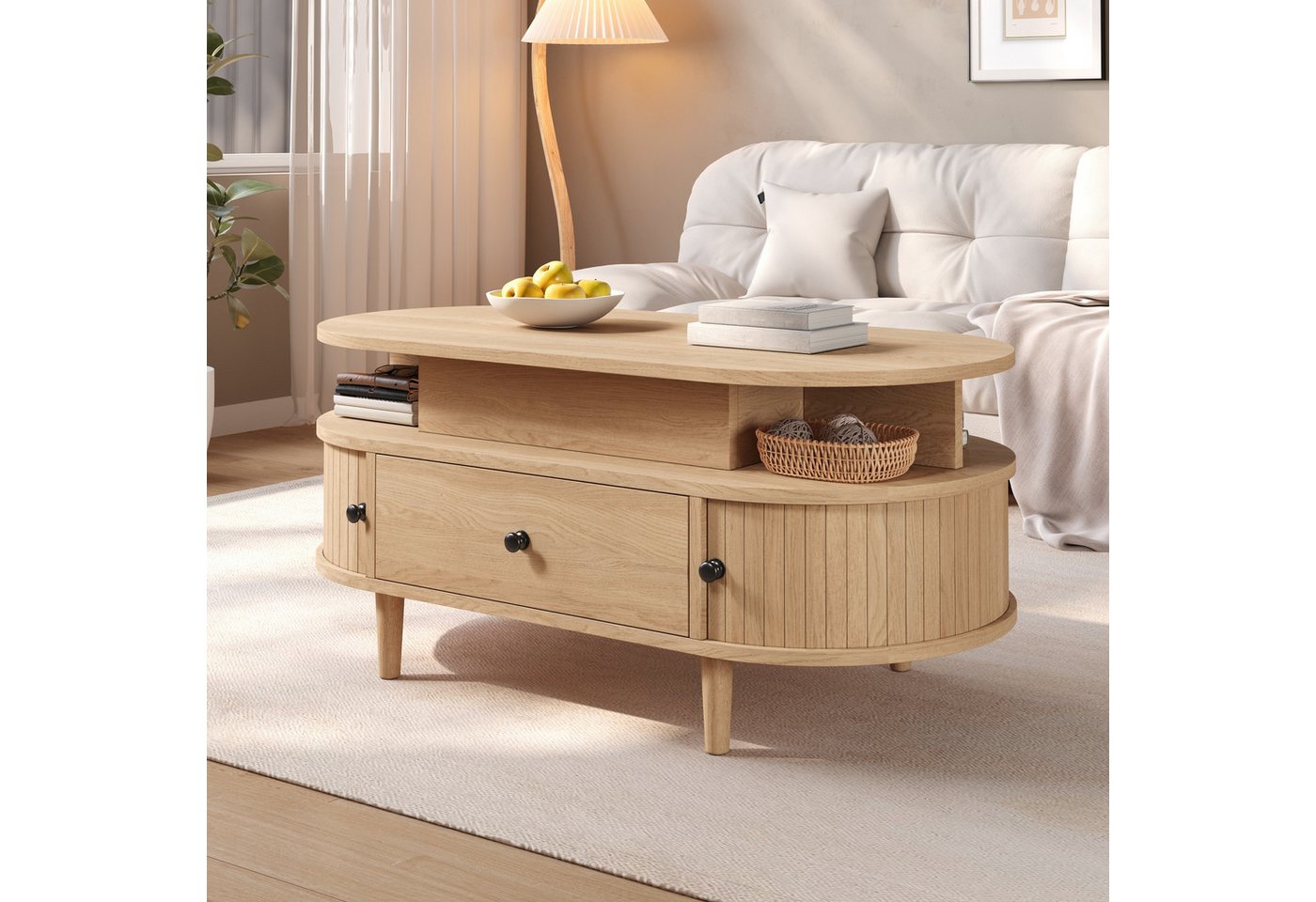 Merax Couchtisch mit hydraulischer Hubplatte, Oval Wohnzimmertisch im Holzoptik (105 L x 50 B x 60,5 H cm, 1-St., Beistelltisch), Sofatisch mit Stauraum, 2 offe – Bild 3 von 5