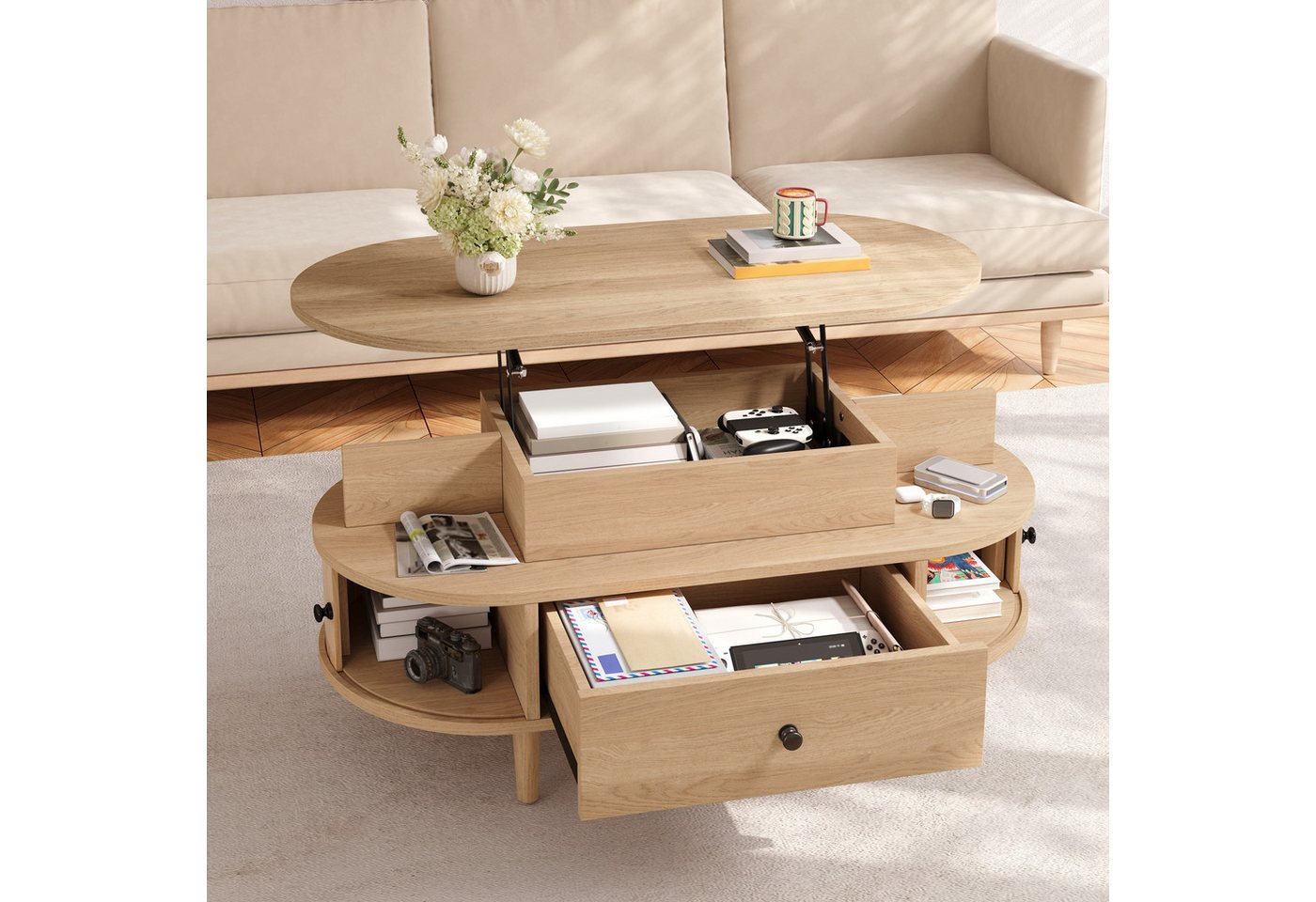 Merax Couchtisch mit hydraulischer Hubplatte, Oval Wohnzimmertisch im Holzoptik (105 L x 50 B x 60,5 H cm, 1-St., Beistelltisch), Sofatisch mit Stauraum, 2 offe – Bild 4 von 5