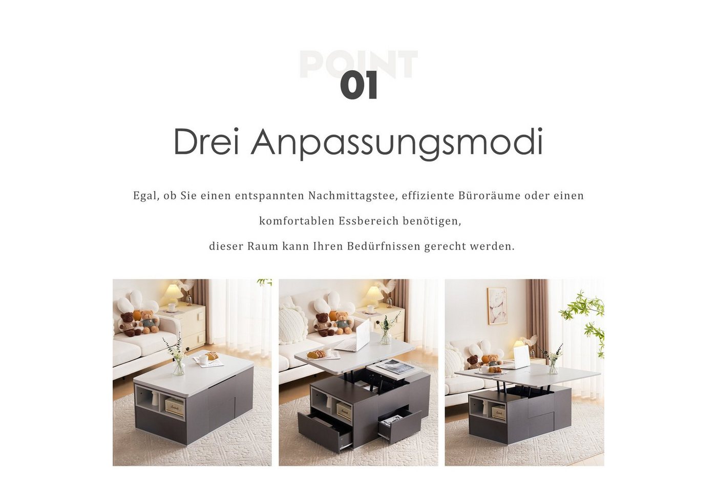 Merax Couchtisch mit Schubladen, Wohnzimmertisch, mit ausziehbarer Tischplatte, Beistelltisch multifunktional – Bild 2 von 5