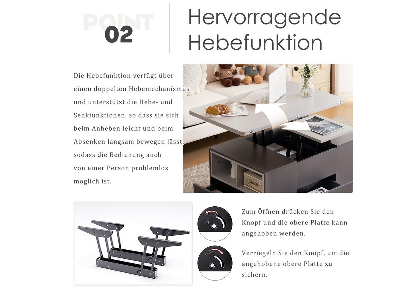 Merax Couchtisch mit Schubladen, Wohnzimmertisch, mit ausziehbarer Tischplatte, Beistelltisch multifunktional – Bild 3 von 5