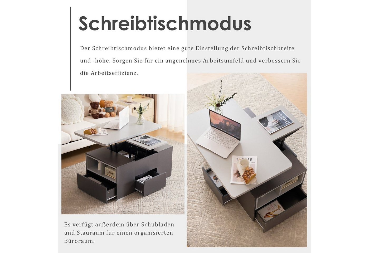 Merax Couchtisch mit Schubladen, Wohnzimmertisch, mit ausziehbarer Tischplatte, Beistelltisch multifunktional – Bild 5 von 5