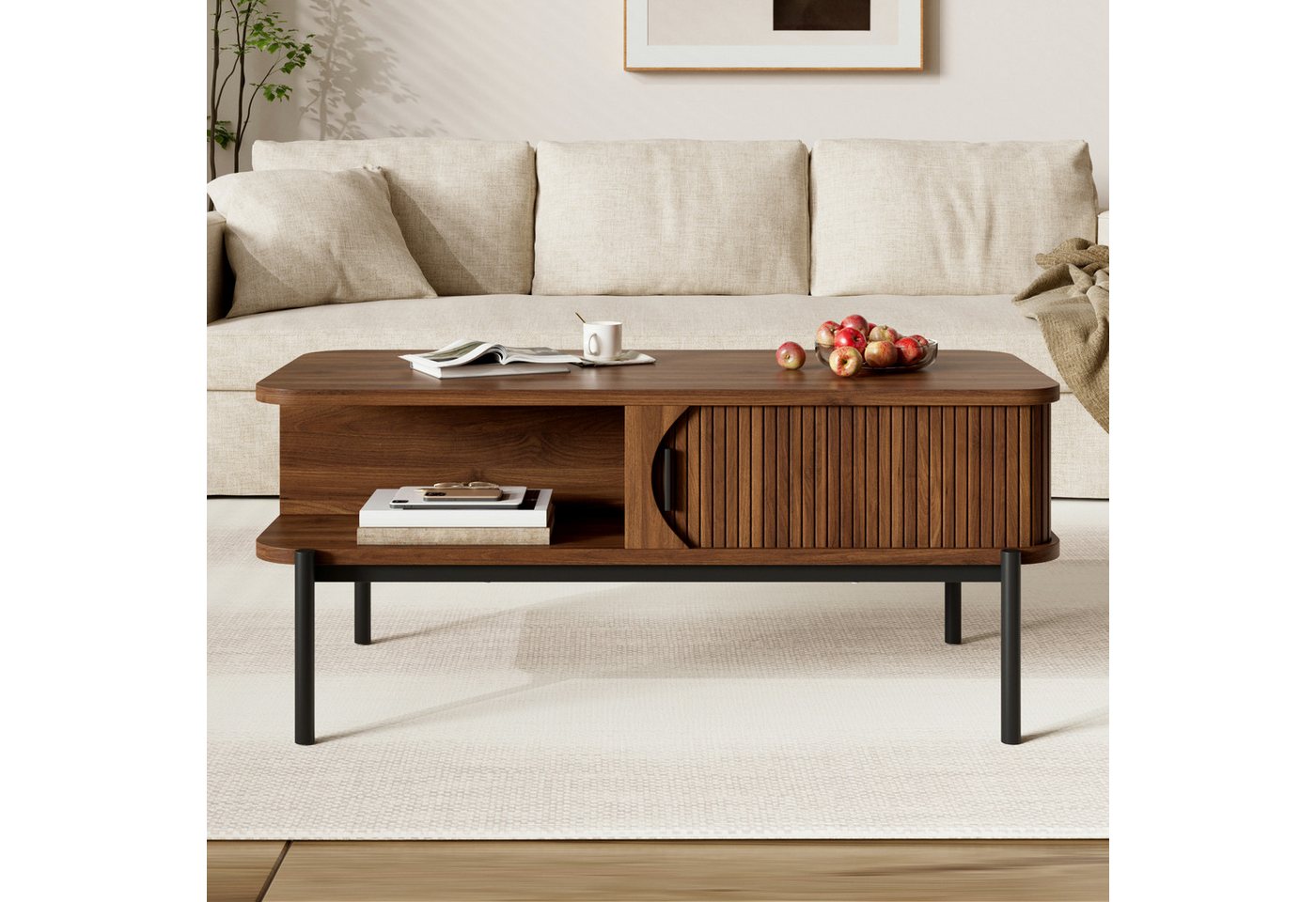 Merax Couchtisch mit Stauraum, geriffelten Schiebetüren & offenen Fächern (1-St., Beistelltisch 100 x 45 x 43 cm), Wohnzimmertisch mit abgerundeten Ecken und sc – Bild 2 von 5