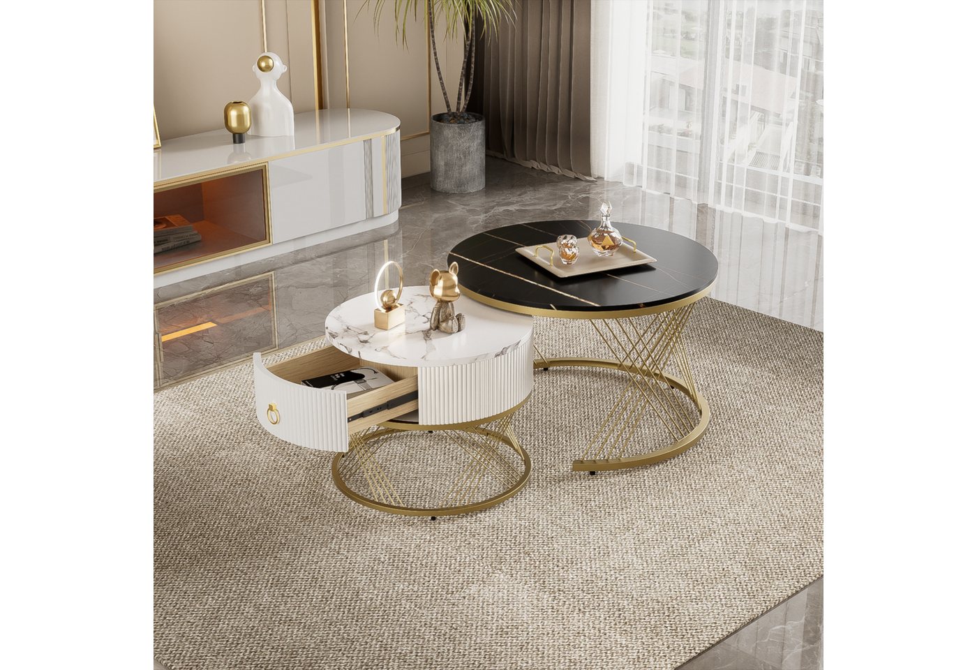 Merax Couchtisch mit Tischplatte im Marmoroptik (2-St), Satztisch mit Schublade, Wohnzimmertisch mit Metallrahmen, Industrial – Bild 2 von 5
