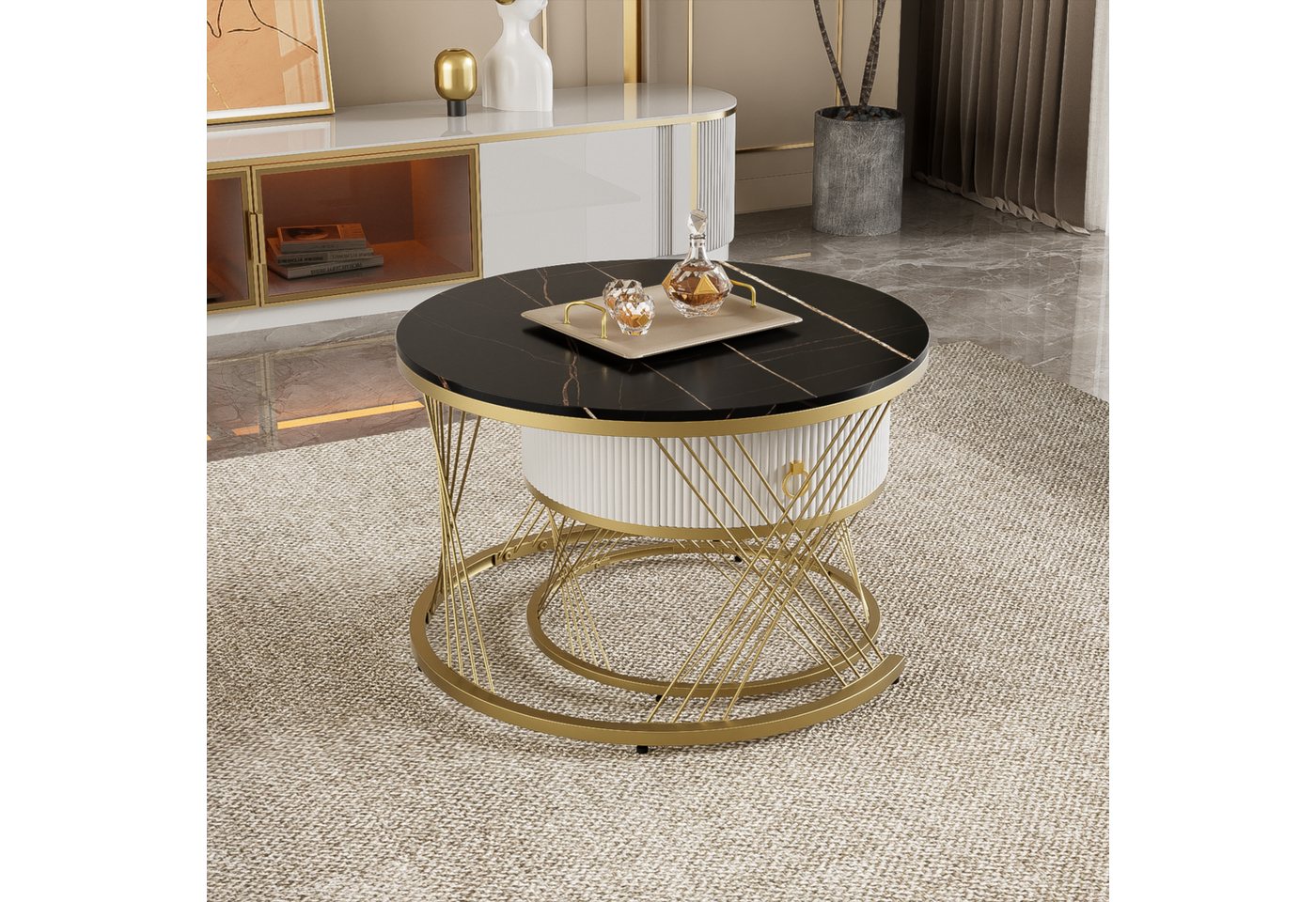 Merax Couchtisch mit Tischplatte im Marmoroptik (2-St), Satztisch mit Schublade, Wohnzimmertisch mit Metallrahmen, Industrial – Bild 3 von 5