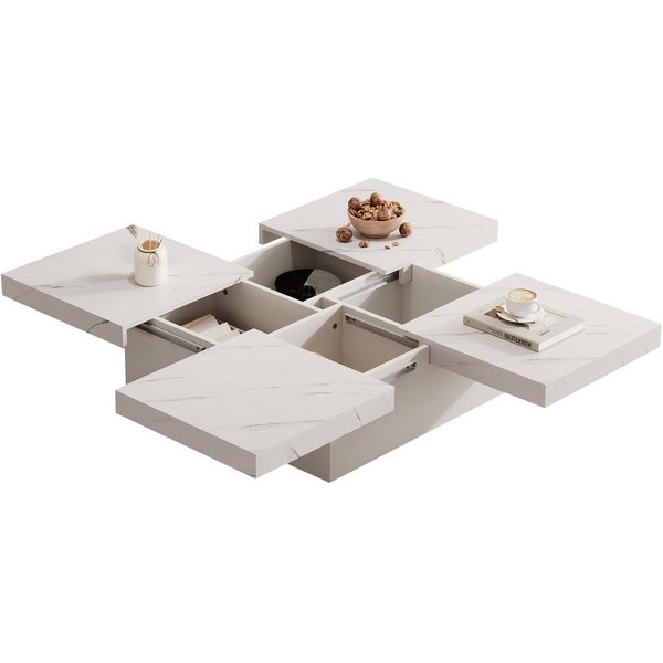 Merax Couchtisch mit versteckten Schubladen, Beistelltisch mit geometrische Design (4 versteckte Schubladen), Marmoroptik Wohnzimmertisch mit verschiebbarer Tis