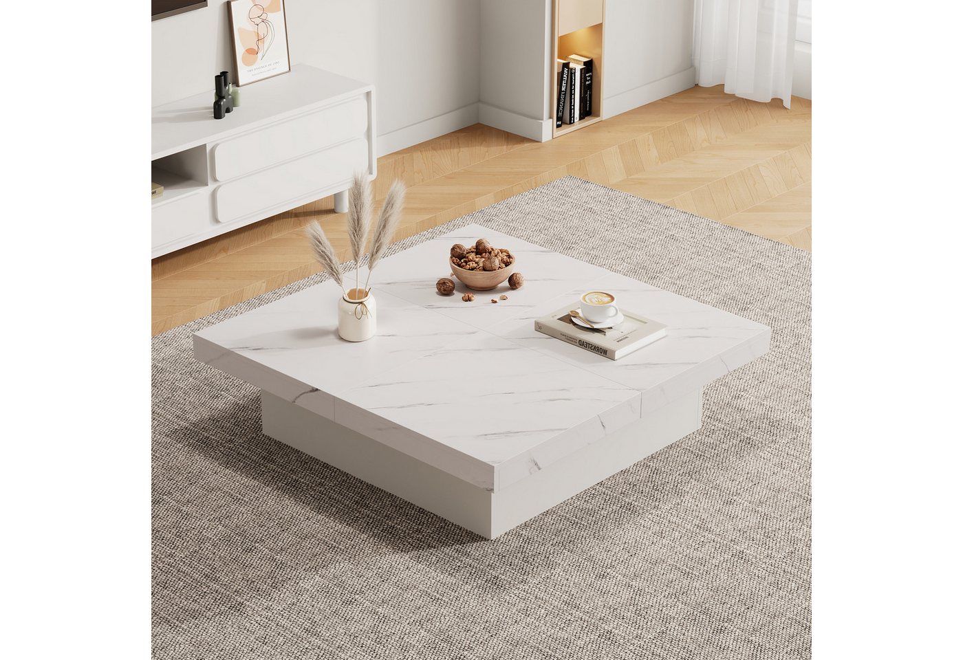 Merax Couchtisch mit versteckten Schubladen, Beistelltisch mit geometrische Design (4 versteckte Schubladen), Marmoroptik Wohnzimmertisch mit verschiebbarer Tis – Bild 2 von 5
