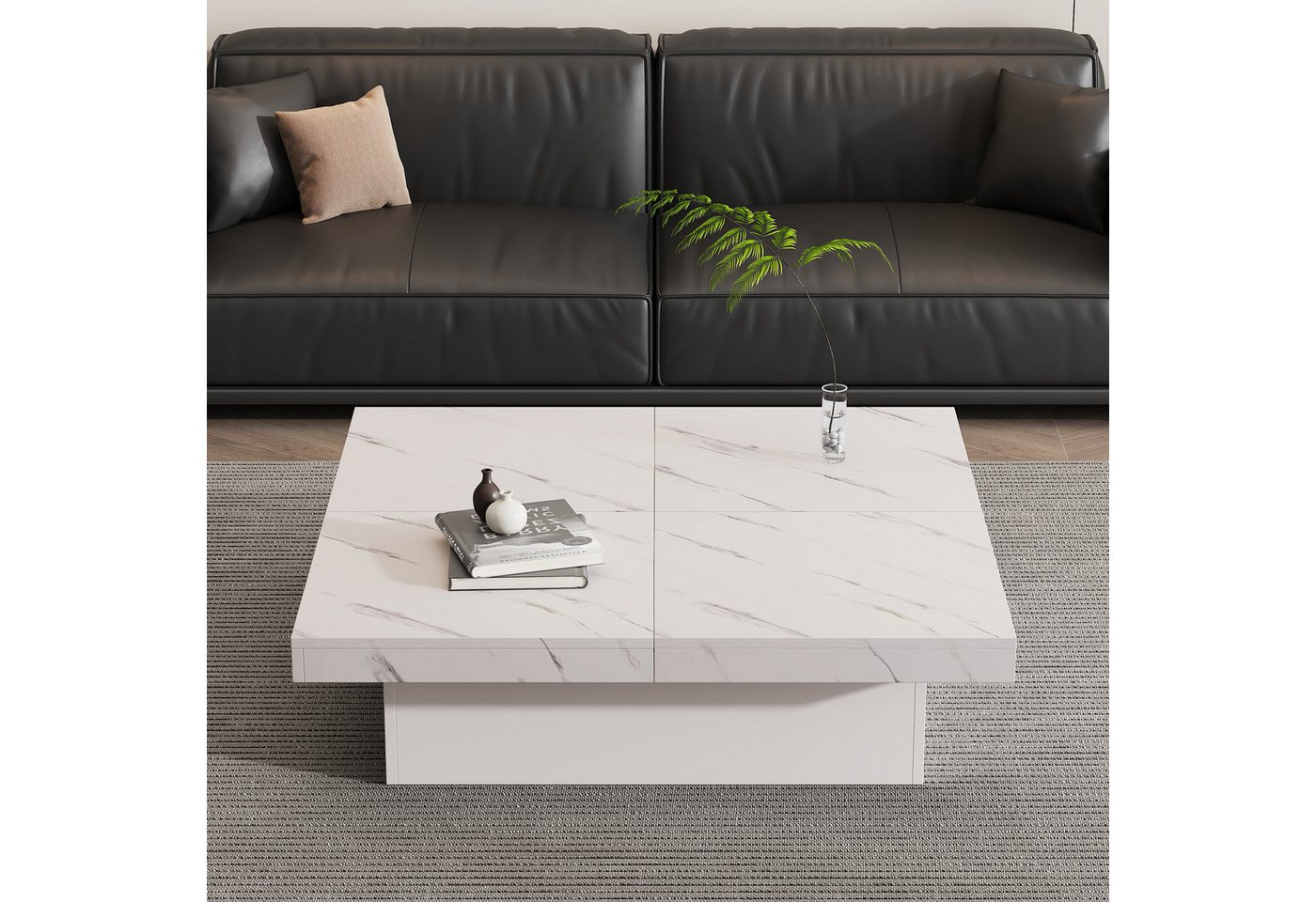 Merax Couchtisch mit versteckten Schubladen, Beistelltisch mit geometrische Design (4 versteckte Schubladen), Marmoroptik Wohnzimmertisch mit verschiebbarer Tis – Bild 3 von 5