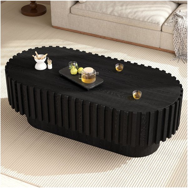 Merax Couchtisch Oval Sofatisch Kaffeetisch Beistelltisch mit vertikaler Lamellen-Optik (1-St), Wohnzimmertisch mit Schublade & abgerundeten Ecken, 100x50x35,5 