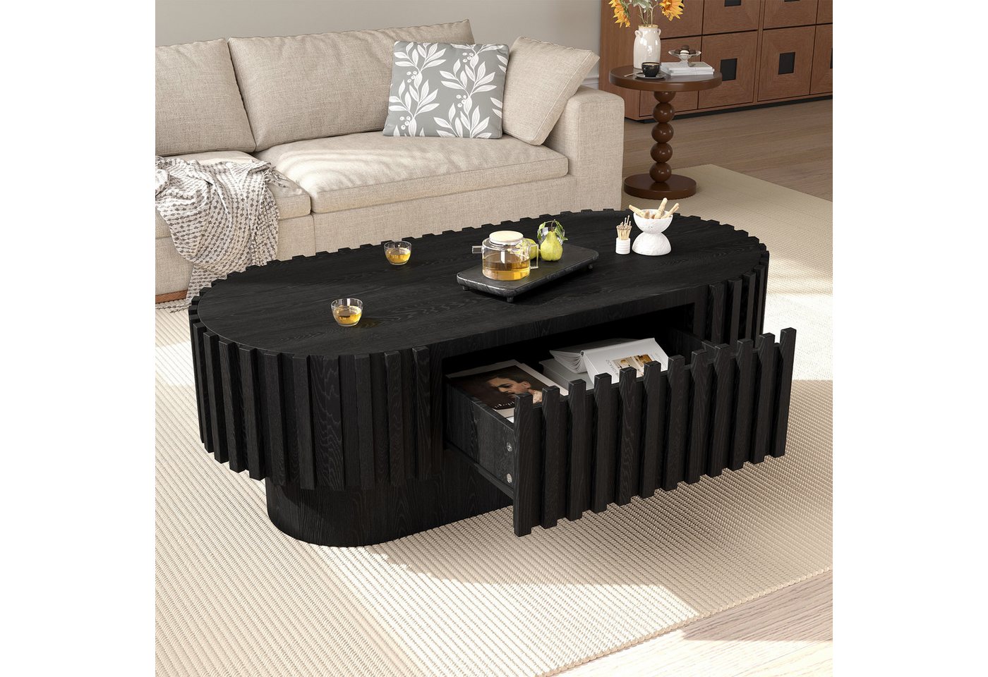 Merax Couchtisch Oval Sofatisch Kaffeetisch Beistelltisch mit vertikaler Lamellen-Optik (1-St), Wohnzimmertisch mit Schublade & abgerundeten Ecken, 100x50x35,5  – Bild 2 von 5