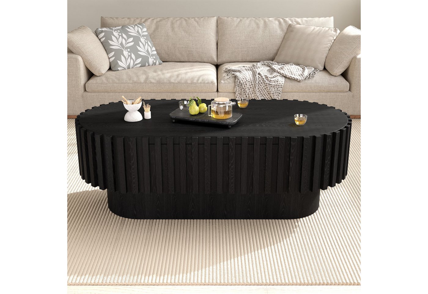 Merax Couchtisch Oval Sofatisch Kaffeetisch Beistelltisch mit vertikaler Lamellen-Optik (1-St), Wohnzimmertisch mit Schublade & abgerundeten Ecken, 100x50x35,5  – Bild 3 von 5