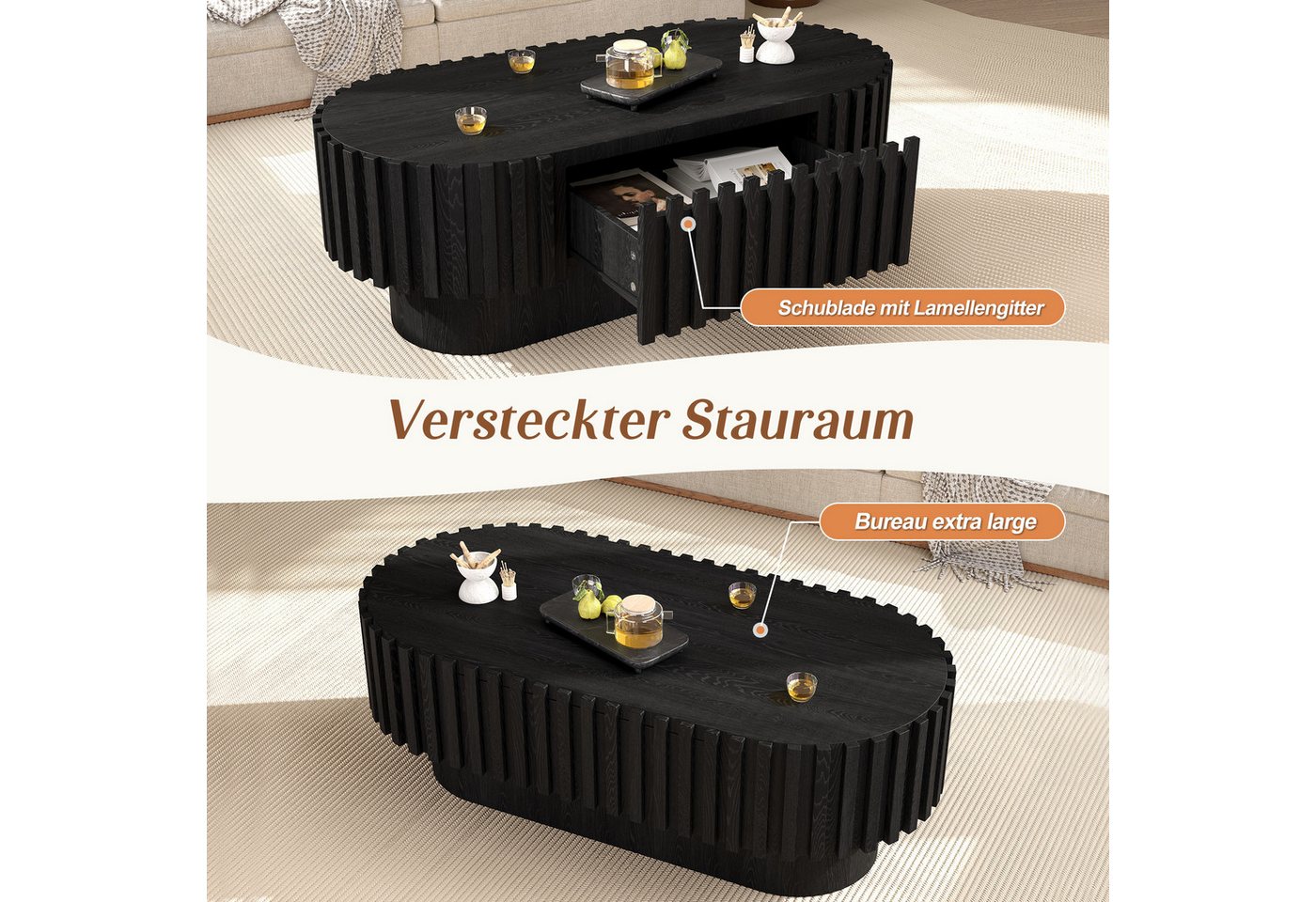 Merax Couchtisch Oval Sofatisch Kaffeetisch Beistelltisch mit vertikaler Lamellen-Optik (1-St), Wohnzimmertisch mit Schublade & abgerundeten Ecken, 100x50x35,5  – Bild 4 von 5