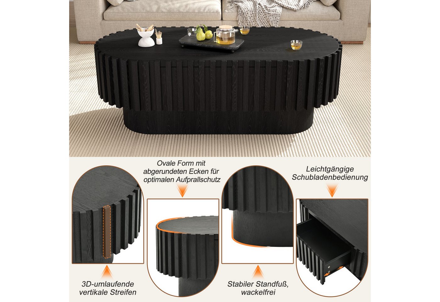Merax Couchtisch Oval Sofatisch Kaffeetisch Beistelltisch mit vertikaler Lamellen-Optik (1-St), Wohnzimmertisch mit Schublade & abgerundeten Ecken, 100x50x35,5  – Bild 5 von 5