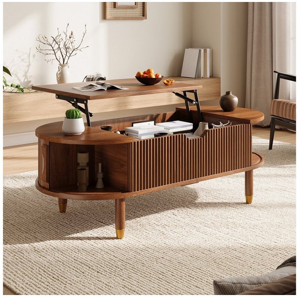 Merax Couchtisch Ovaler Sofatisch mit hydraulischer Hubplatte & Gummibaumholzfüßen (110 L x 48 B x 57 H cm, 1-St), Wohnzimmertisch mit verstecktem Stauraum & 2 