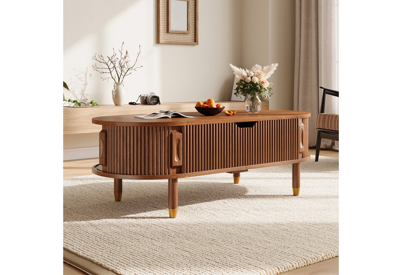 Merax Couchtisch Ovaler Sofatisch mit hydraulischer Hubplatte & Gummibaumholzfüßen (110 L x 48 B x 57 H cm, 1-St), Wohnzimmertisch mit verstecktem Stauraum & 2  – Bild 2 von 5
