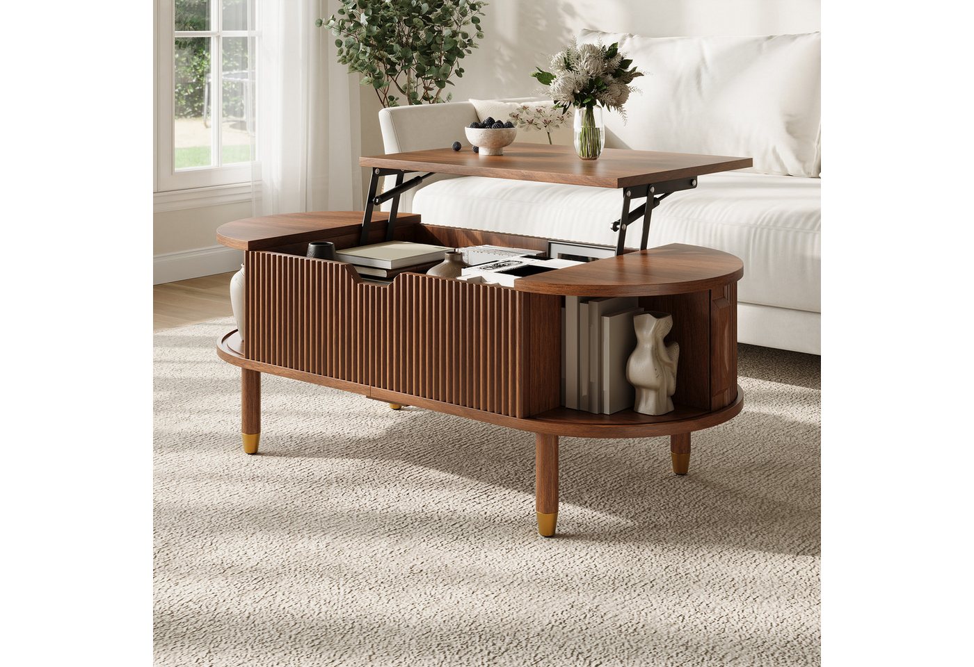 Merax Couchtisch Ovaler Sofatisch mit hydraulischer Hubplatte & Gummibaumholzfüßen (110 L x 48 B x 57 H cm, 1-St), Wohnzimmertisch mit verstecktem Stauraum & 2  – Bild 4 von 5