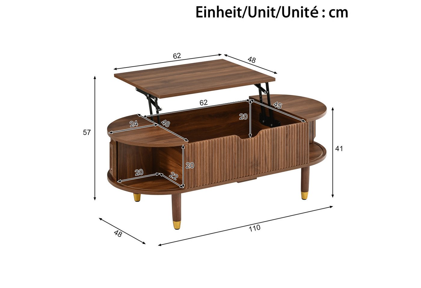 Merax Couchtisch Ovaler Sofatisch mit hydraulischer Hubplatte & Gummibaumholzfüßen (110 L x 48 B x 57 H cm, 1-St), Wohnzimmertisch mit verstecktem Stauraum & 2  – Bild 5 von 5