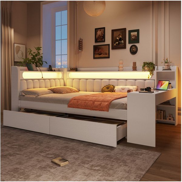 Merax Daybett 140x200cm mit LED-Beleuchtung und USB-Anschlüssen (Schlafsofa Sofabett Jugendbett Einzelbett aus Leinen, 1 tlg), Polsterbett Tagesbett mit 2 Schub