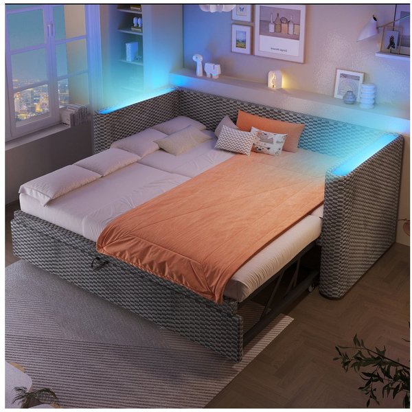 Merax Daybett 90×200cm/180x200cm mit LED-Lichtleiste & App-gesteuerter (Jugendbett Doppelbett Kinderbett, 1 tlg), Polsterbett Tagesbett Schlafsofa mit Ausziehbe