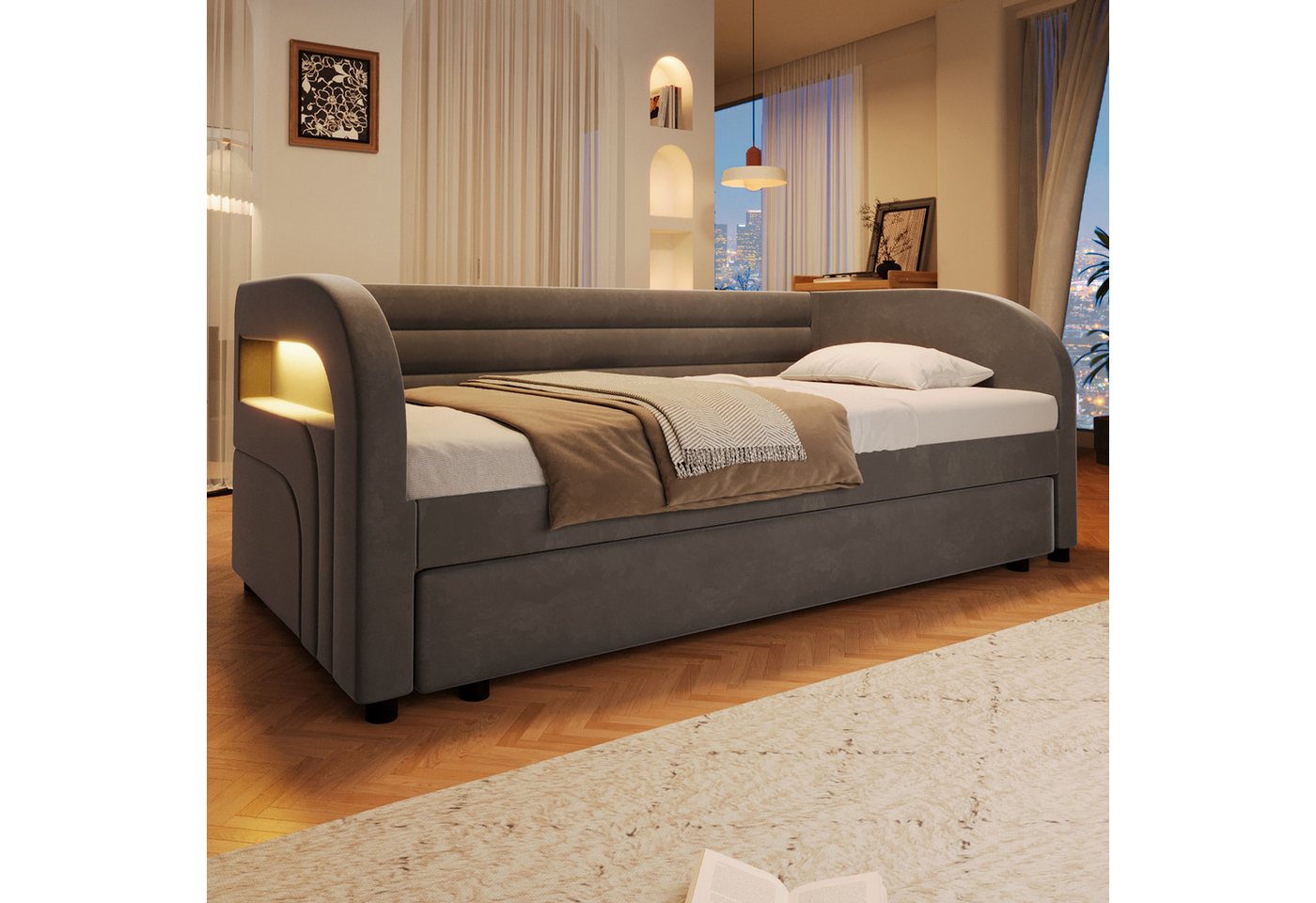 Merax Daybett 90x200cm, Polsterbett mit LED (1 tlg), Tagesbett mit Ausziehbett, Jugendbett Plattformbett aus Samt – Bild 2 von 5