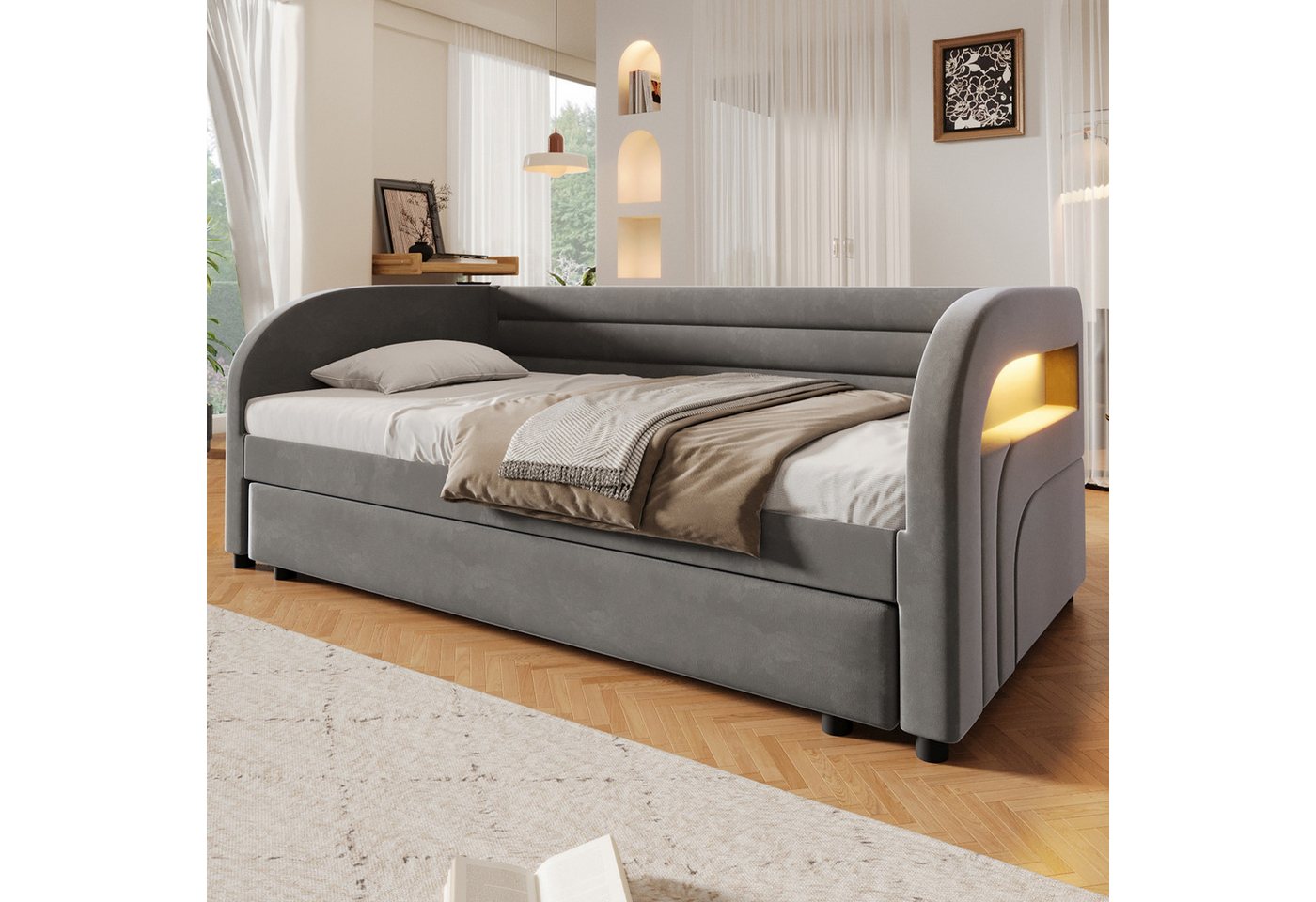 Merax Daybett 90x200cm, Polsterbett mit LED (1 tlg), Tagesbett mit Ausziehbett, Jugendbett Plattformbett aus Samt – Bild 3 von 5