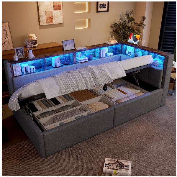 Merax Daybett 90x200cm mit hydraulischem Bettkasten, Kopfteil- & Seitenfächern (Jugendbett Sofabett, 1 tlg), Leinen Polsterbett Schlafsofa Tagesbett mit LED,USB