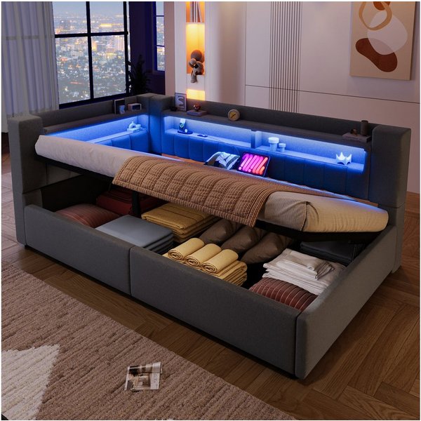 Merax Daybett 90x200cm mit LED-Beleuchtung und USB&Typ-C Ladefunktion (Jugendbett Einzelbett Sofabett, 1 tlg), Tagesbett mit hydraulischem Stauraum & Staufächer