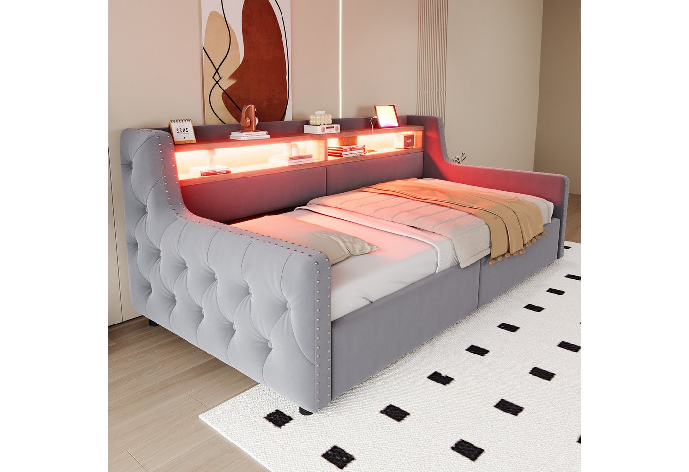 Merax Daybett 90x200cm mit LED-Lichtleiste, Steckdose & USB-Anschluss (Schlafsofa Sofabett Jugendbett Kinderbett Polsterbett, 1 tlg), Tagesbett mit hydraulische – Bild 2 von 5