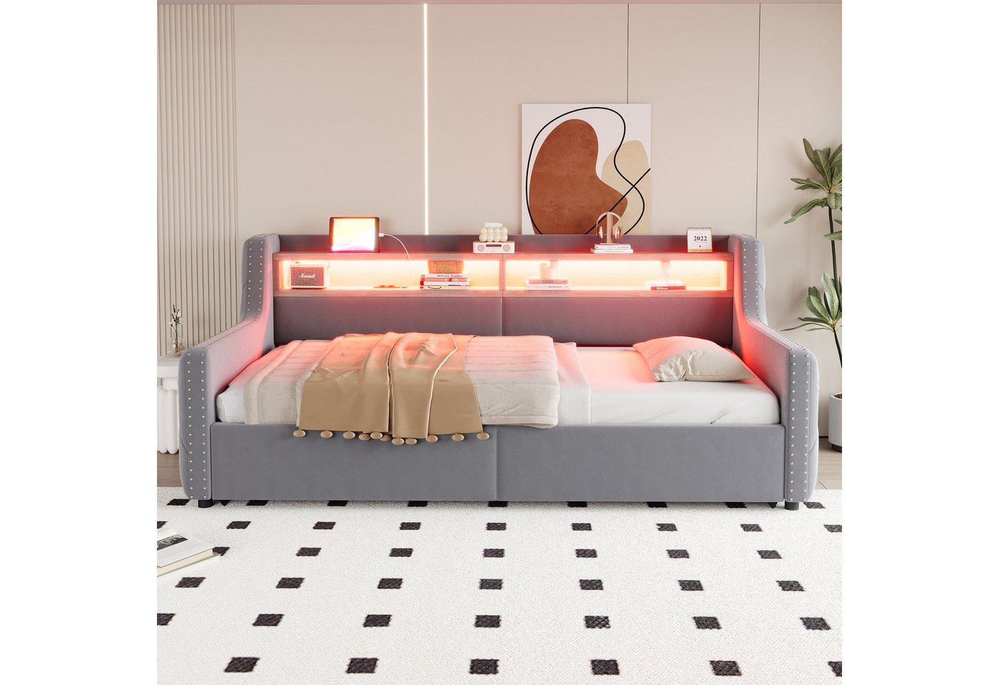 Merax Daybett 90x200cm mit LED-Lichtleiste, Steckdose & USB-Anschluss (Schlafsofa Sofabett Jugendbett Kinderbett Polsterbett, 1 tlg), Tagesbett mit hydraulische – Bild 3 von 5