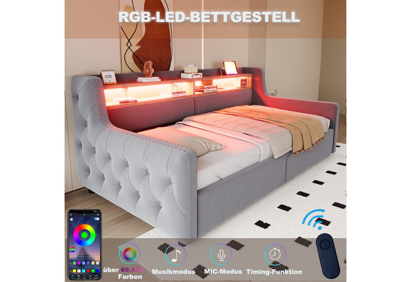 Merax Daybett 90x200cm mit LED-Lichtleiste, Steckdose & USB-Anschluss (Schlafsofa Sofabett Jugendbett Kinderbett Polsterbett, 1 tlg), Tagesbett mit hydraulische – Bild 5 von 5