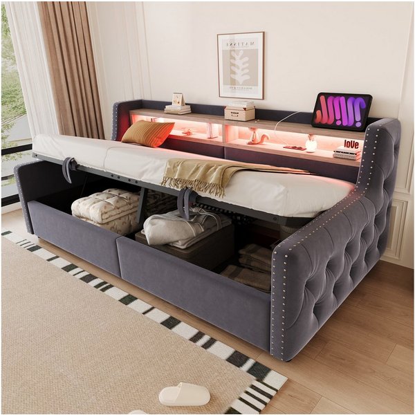Merax Daybett 90x200cm mit LED-Lichtleiste, Steckdose & USB-Anschluss (Schlafsofa Sofabett Jugendbett Kinderbett Polsterbett, 1 tlg), Tagesbett mit hydraulische
