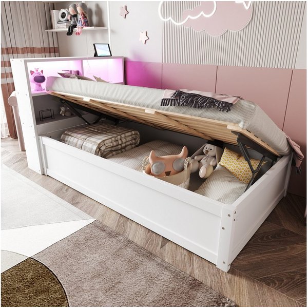Merax Daybett 90x200cm mit LED-Lichtleiste und USB-Steckdose (1 tlg), Schlafsofa Kinderbett mit hydraulischem Stauraum und Ablagefächern