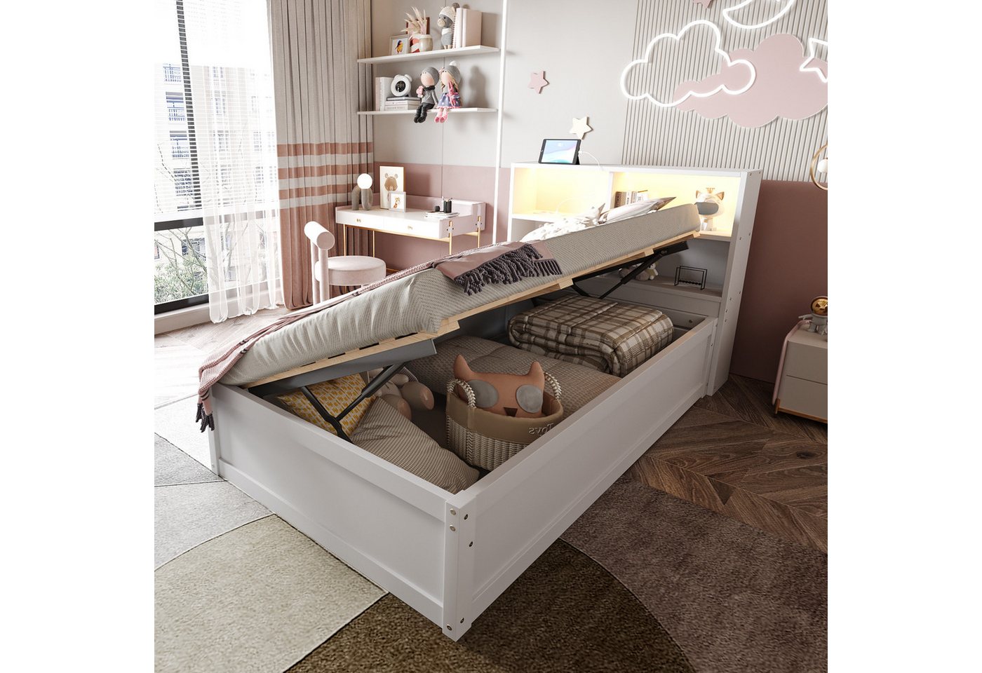 Merax Daybett 90x200cm mit LED-Lichtleiste und USB-Steckdose (1 tlg), Schlafsofa Kinderbett mit hydraulischem Stauraum und Ablagefächern – Bild 2 von 5