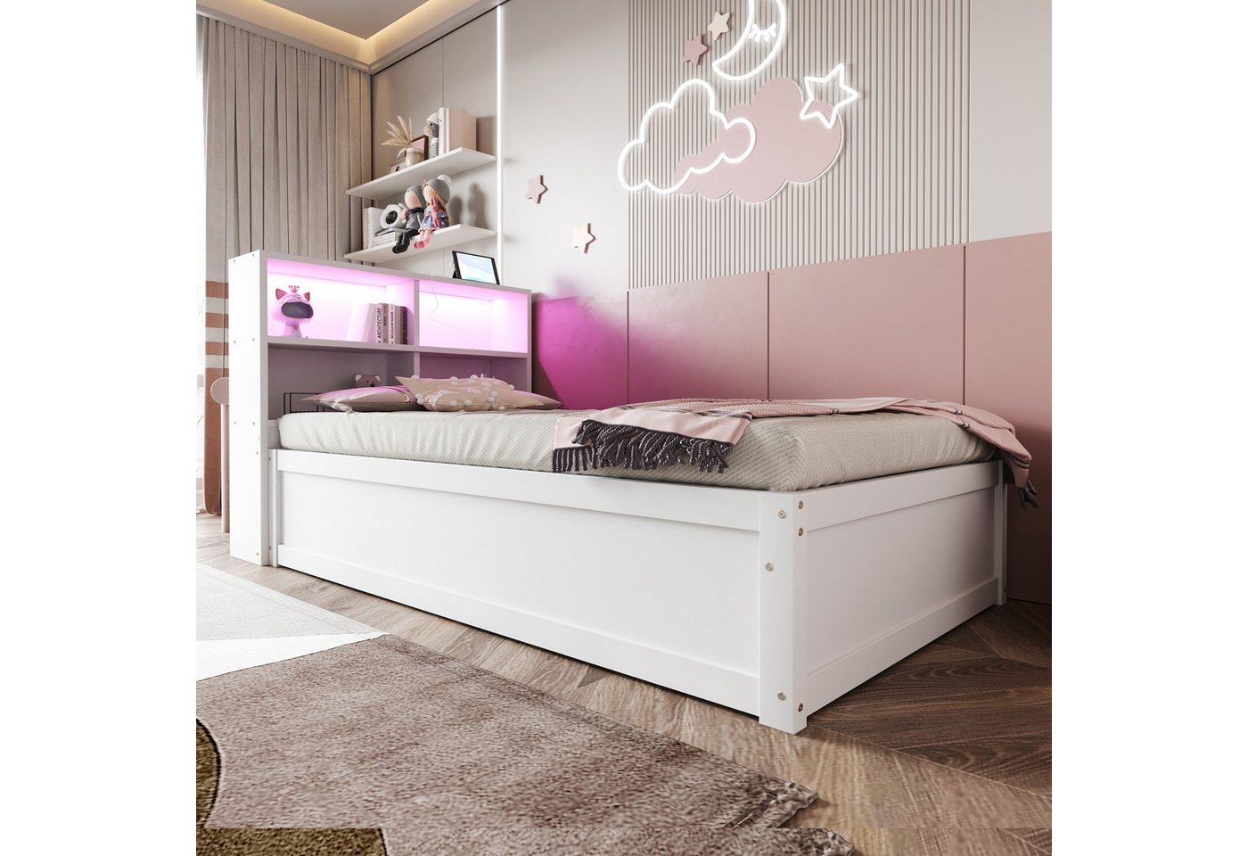 Merax Daybett 90x200cm mit LED-Lichtleiste und USB-Steckdose (1 tlg), Schlafsofa Kinderbett mit hydraulischem Stauraum und Ablagefächern – Bild 3 von 5