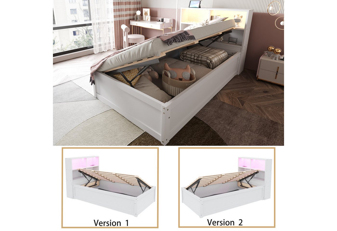 Merax Daybett 90x200cm mit LED-Lichtleiste und USB-Steckdose (1 tlg), Schlafsofa Kinderbett mit hydraulischem Stauraum und Ablagefächern – Bild 4 von 5