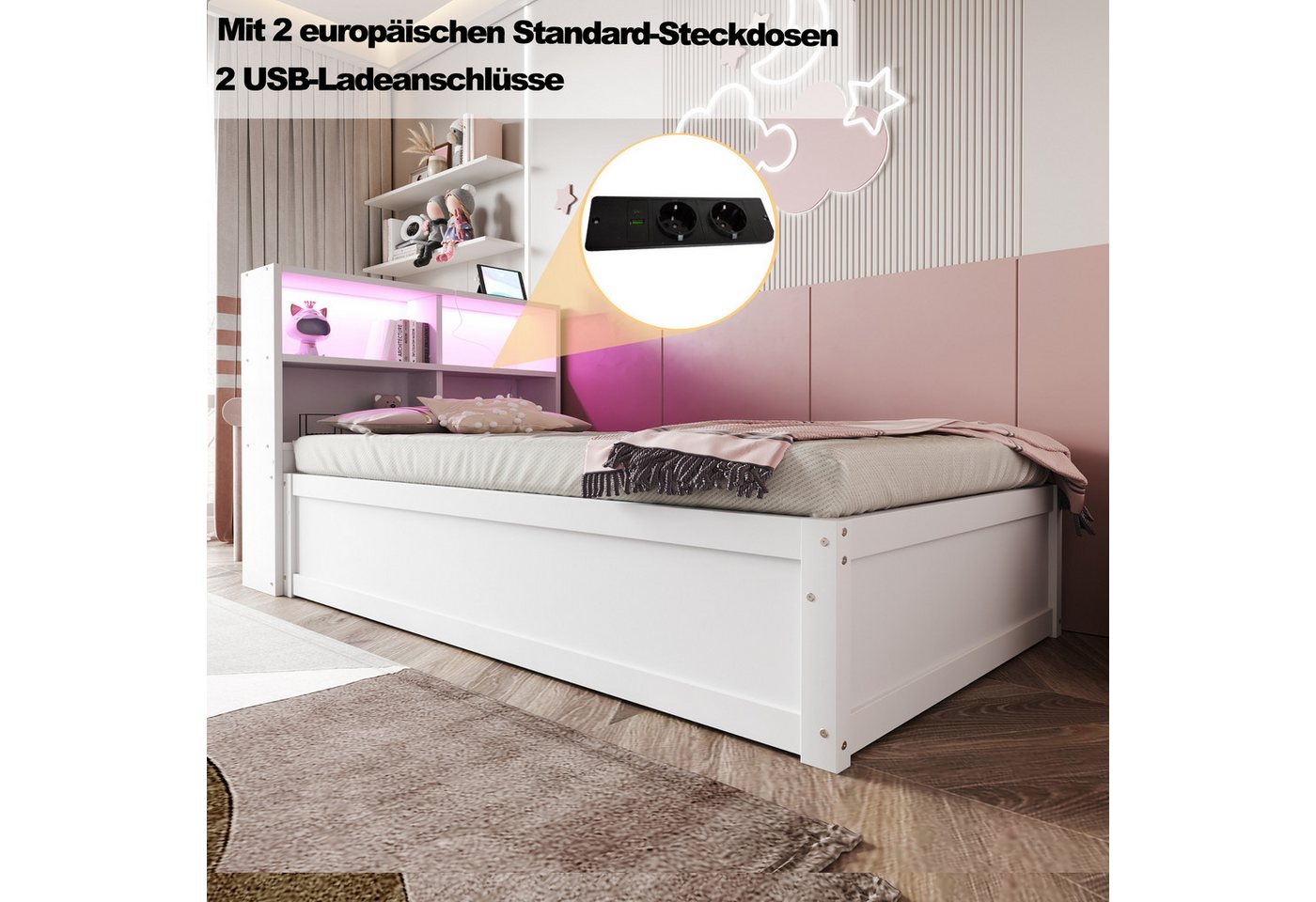 Merax Daybett 90x200cm mit LED-Lichtleiste und USB-Steckdose (1 tlg), Schlafsofa Kinderbett mit hydraulischem Stauraum und Ablagefächern – Bild 5 von 5