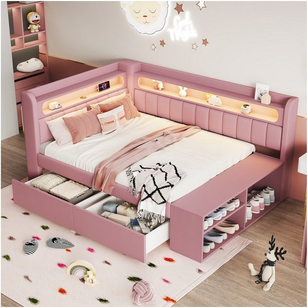 Merax Daybett 90x200cm mit USB-Anschluss & LED-Lichtleiste (Jugendbett Einzelbett Kinderbett, 1 tlg), Schlafsofa Tagesbett mit Schuhschrank, 2 Schubladen & Abla