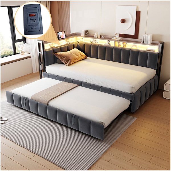 Merax Daybett 90x200cm Schlafsofa mit LED-Beleuchtung & USB-Anschluss (Sofabett Jugendbett Kinderbett, 1 tlg), Polsterbett Samtstoff Tagesbett mit Ausziehbett S
