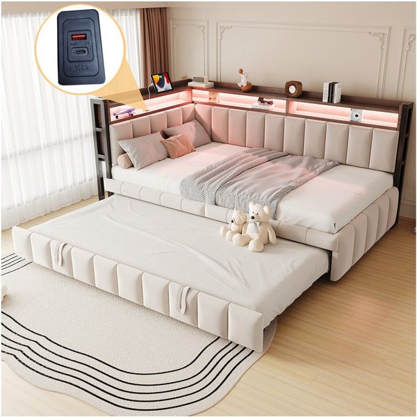Merax Daybett 90x200cm Schlafsofa mit LED-Beleuchtung & USB-Anschluss (Sofabett Jugendbett Kinderbett, 1 tlg), Polsterbett Samtstoff Tagesbett mit Ausziehbett S