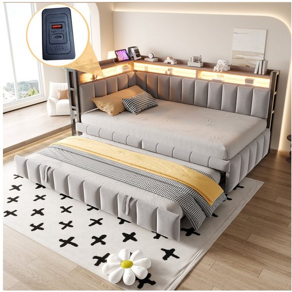 Merax Daybett 90x200cm Schlafsofa mit LED-Beleuchtung & USB-Anschluss (Sofabett Jugendbett Kinderbett, 1 tlg), Polsterbett Samtstoff Tagesbett mit Ausziehbett S