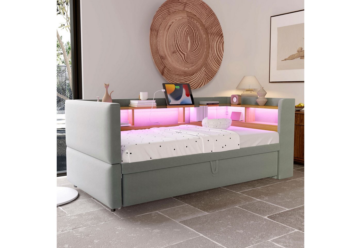 Merax Daybett (Einzelbett/Doppelbett), Polsterbett mit Ausziehbett, Schlafsofa aus Samt, 90/180x190 cm – Bild 2 von 5